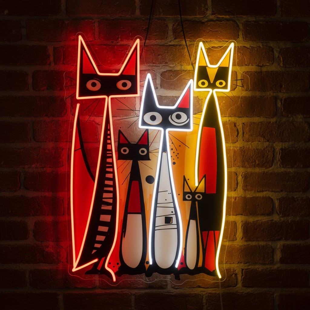 cat family in abstract art neon sign board with uv print | custom led neon lights for home & shop cat family in abstract art neon sign board with uv print | custom led neon lights for home & shop