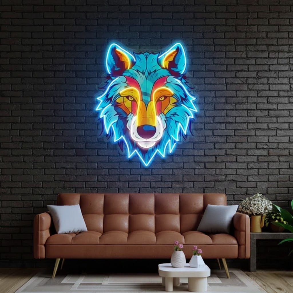colorful wolf custom uv print neon sign board | personalised neon name light | led neon signs for room, shop & wall decor