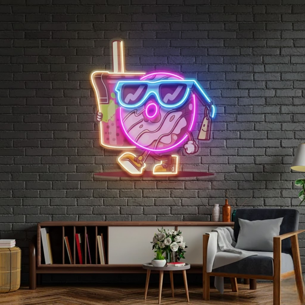cool donut holding a tea cup custom neon light | uv print led neon sign board | neon lights for room, shop & wall decor cool donut holding a tea cup custom neon light | uv print led neon sign board | neon lights for room, shop & wall decor