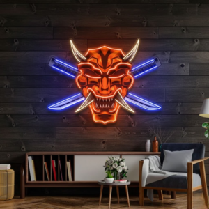 crossed knife samurai mask custom uv printed neon sign board | personalized led neon lights for room, bedroom & shop