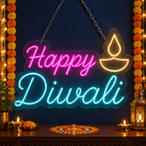 Happy Diwali Neon Sign with Diya | Multicolor LED Neon Light for Diwali Decoration, Home, Office, Shop & Events