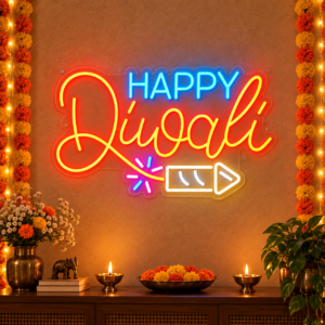 Happy Diwali Neon Sign | Stylish Diwali LED Neon Light with Diya & Play Button Design | Festive Wall Decoration for Home, Office & Shop