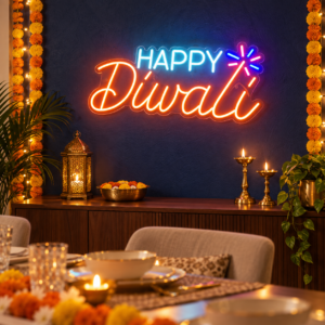 Happy Diwali Neon Sign with Sparkler Design | Orange & Blue LED Wall Light for Diwali Decor