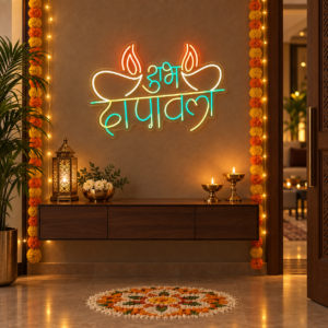 Shubh Deepawali Hindi Neon Sign with Twin Diya Flames | Traditional LED Wall Light for Diwali