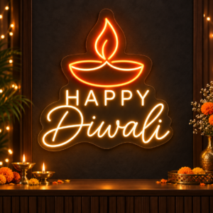 Happy Diwali Diya Neon Sign – Orange LED Festival Wall Light for Home (24In x 24In)