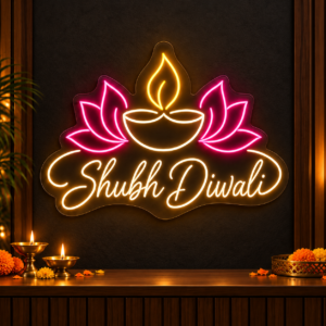 Shubh Diwali Lotus Diya Neon Sign – Pink & Warm White LED Decor Light (30In x 24In)