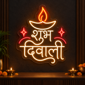 Shubh Diwali Neon Sign in Hindi – शुभ दिवाली Diya & Sparkle LED Light (24In x 24In)