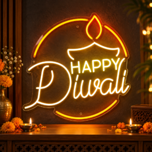 Happy Diwali Neon Sign with Diya – Round Warm White & Orange LED Light (30In x 30In)