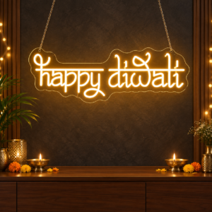 Happy Diwali Hanging Neon Sign – Devanagari Style Script in Warm Orange (36In x 12In)
