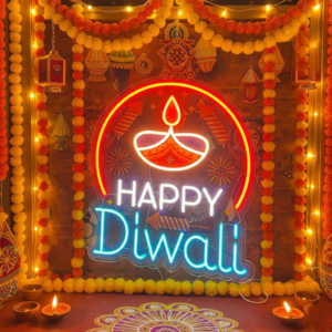 Happy Diwali Neon Sign with Diya Arch | Traditional Diya LED Wall Light for Diwali Decoration